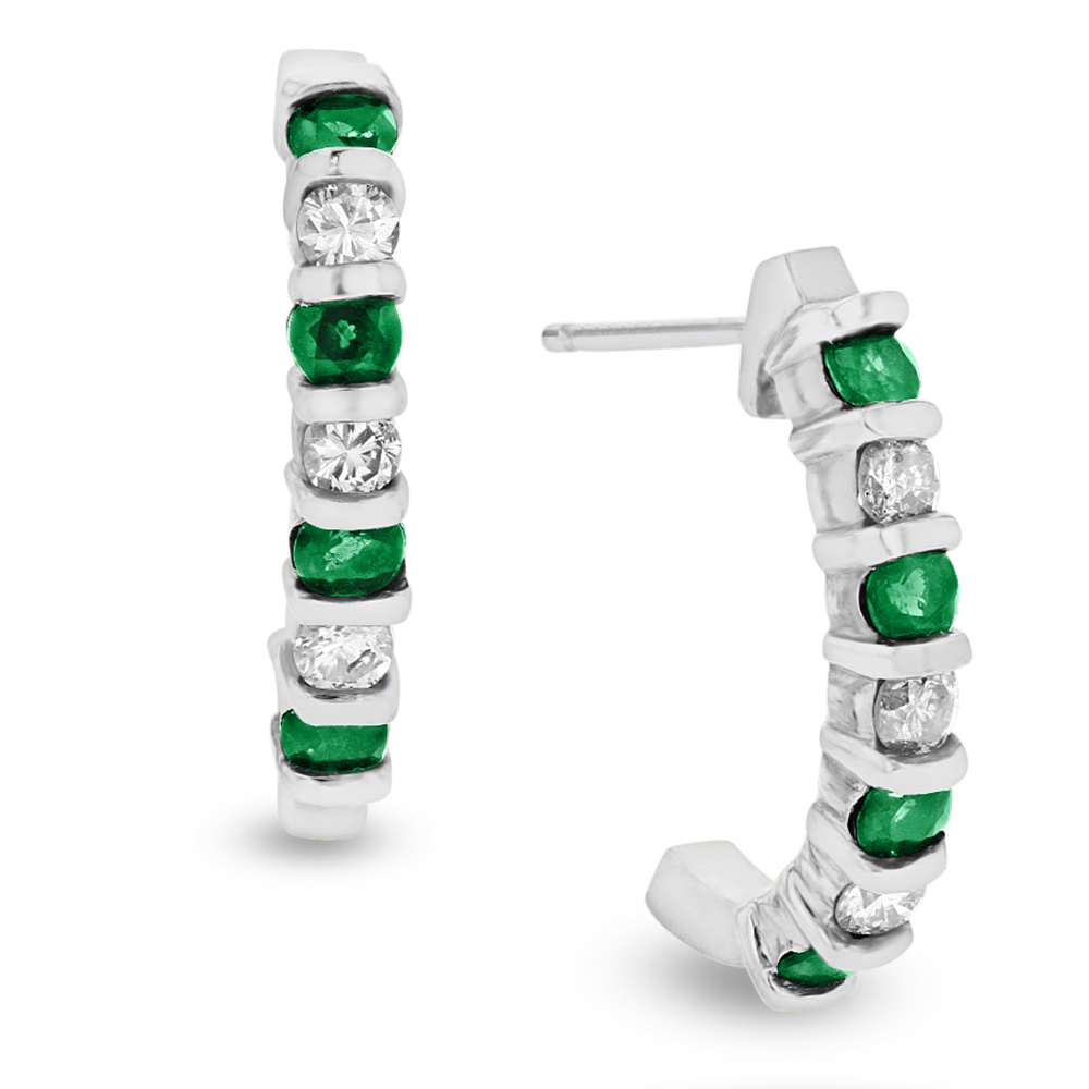 0.35ctw Diamond and Emerald J Hoop Earrings in 14k White Gold