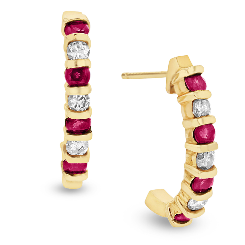 0.35ctw Diamond and Ruby J Hoop Earrings in 14k Yellow Gold
