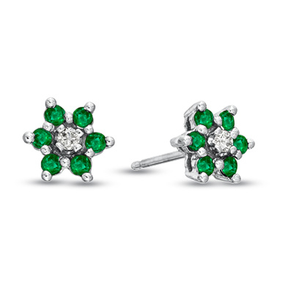 0.48cttw Emerald and Diamond Flower Cluster Earrings in 14k Gold