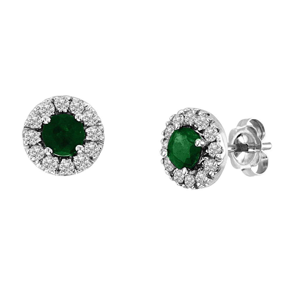 View 0.88cttw Emerald and Diamond Halo Earrings set in 14k Gold
