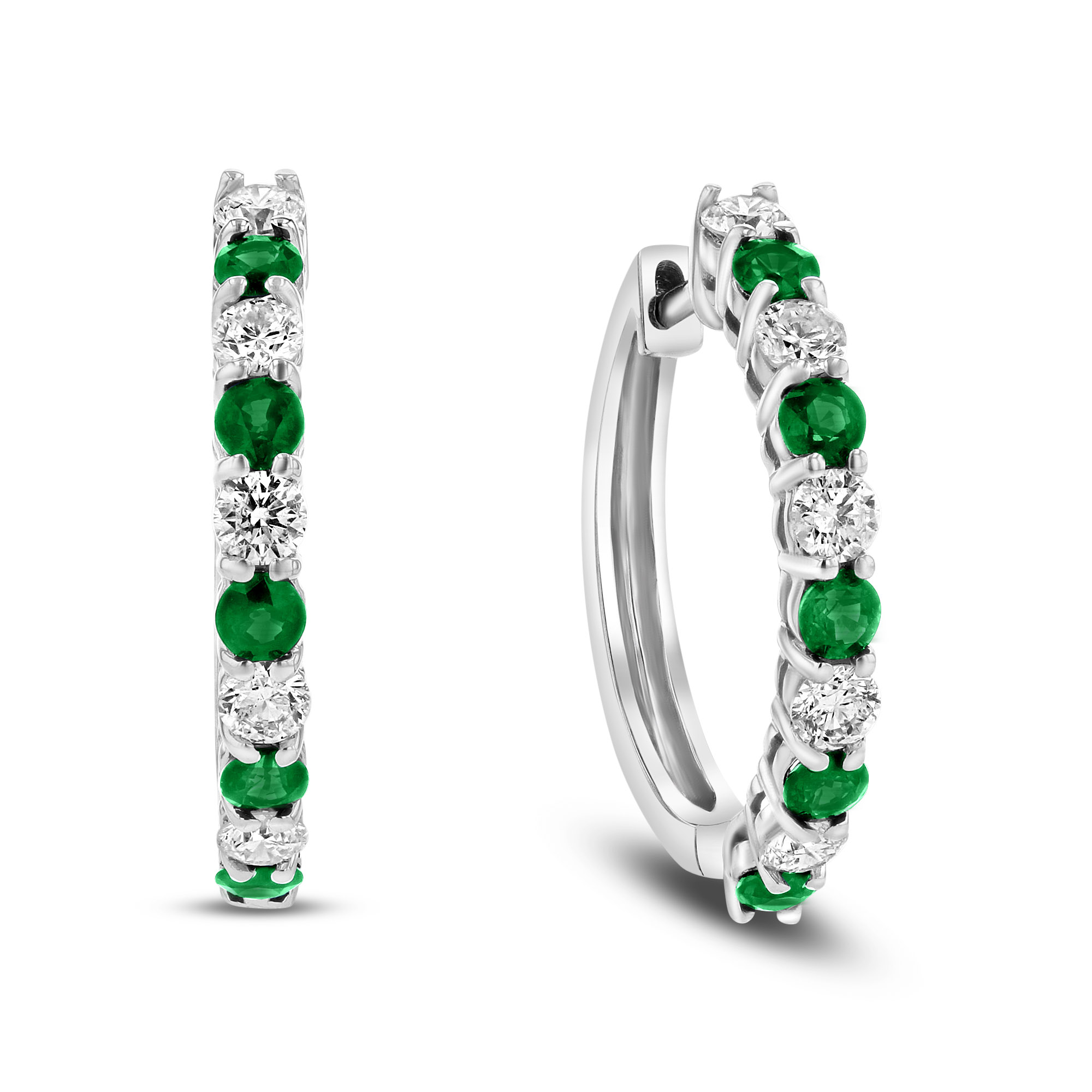 1.35ctw Diamond and Emerald Hoop Earrings in 14k White Gold