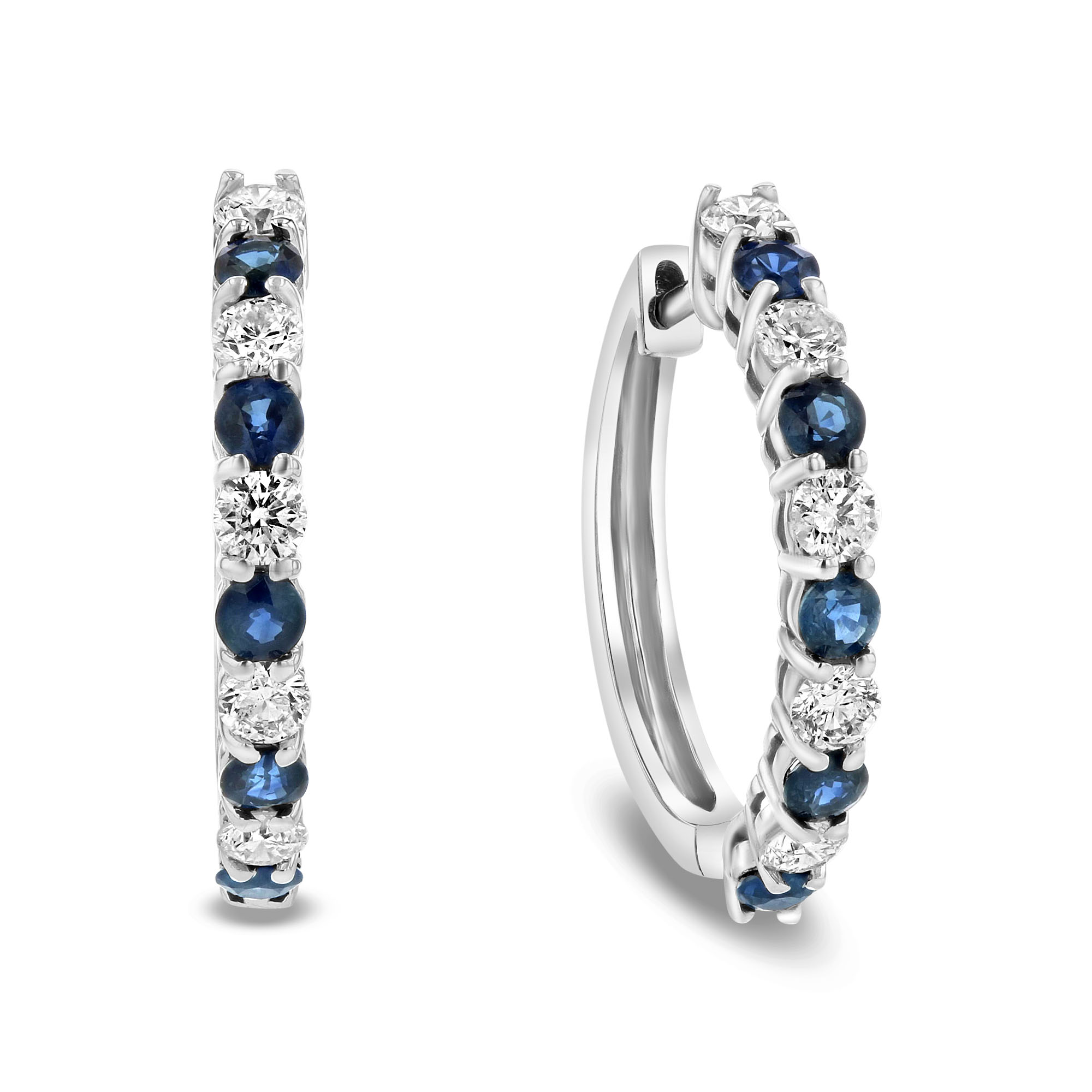 1.35ctw Diamond and Sapphire Hoop Earrings in 14k White Gold