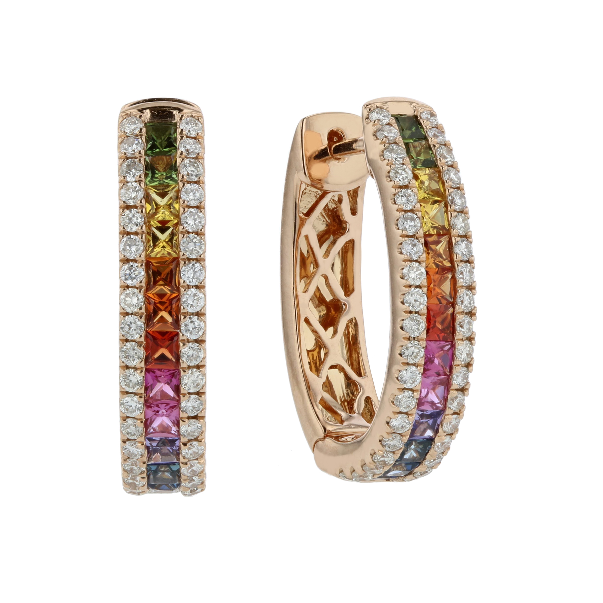 View 1.56ctw Diamond and Multi Sapphire Hoop Earrings in 18k Rose Gold
