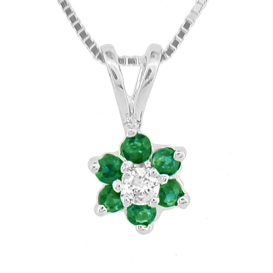 0.24ct tw Flower Cluster Diamond and Emerald Pendant in 14k Gold