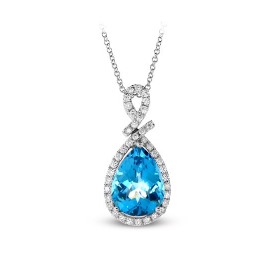 12x9mm Pear Shaped Blue Topaz Pendant with 0.34cttw Diamond set in 14k Gold