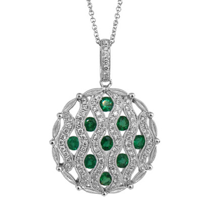 1.32ct tw Circle Emerald and Diamond Pendant set in 14k Gold