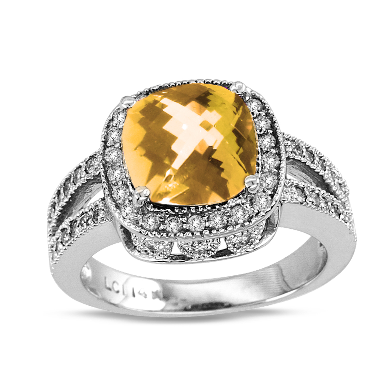 14k Gold Split Shank Ring with 0.50ct tw of Round Diamonds and 9mm Cushion Checkerboard Cut Citrin Center Stone
