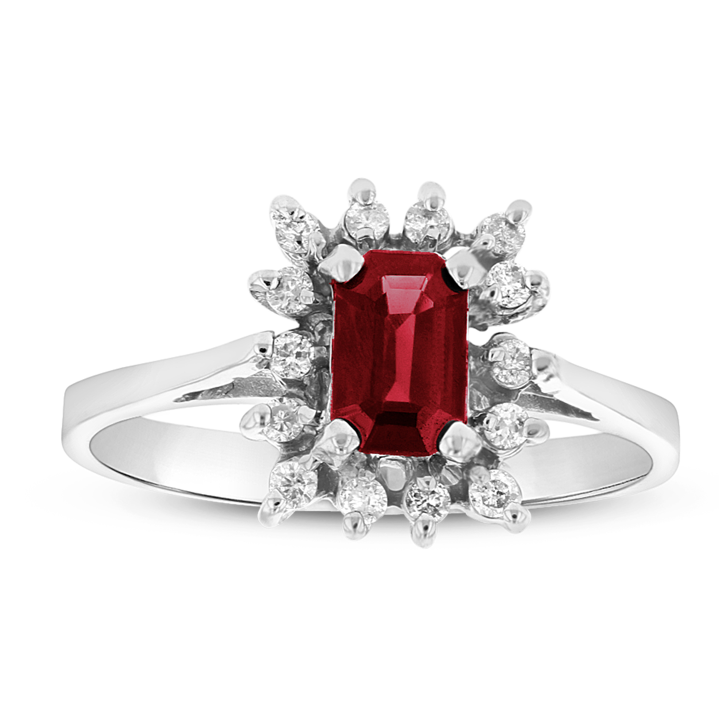 Emerald Cut Natural Heated Ruby and Diamond Ring set in 14k Gold