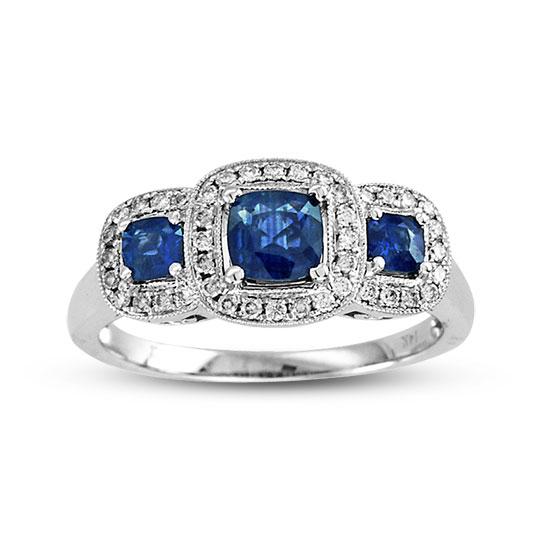 1.05cttw Sapphire and Diamond Fashion Ring set in 14k Gold 3 Stone Cushion Cut Sapphires