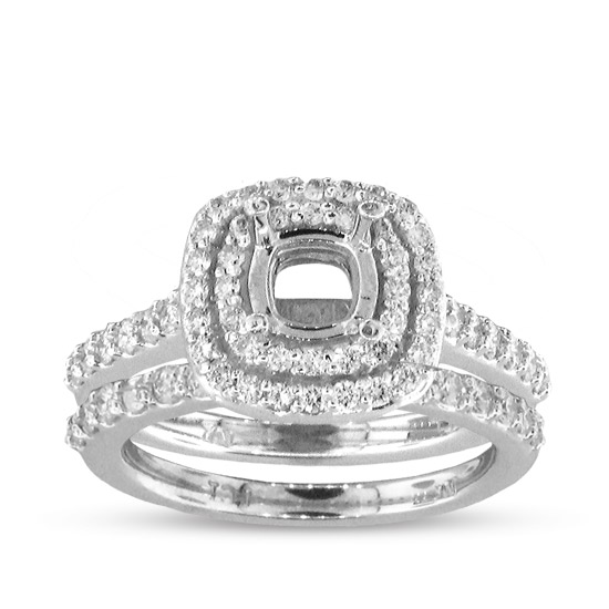 0.90cttw Diamond Fashion Engagement Semi Mount with Matching Wedding Band in 14k Gold (holds a 3/4ct Cushion or Round)