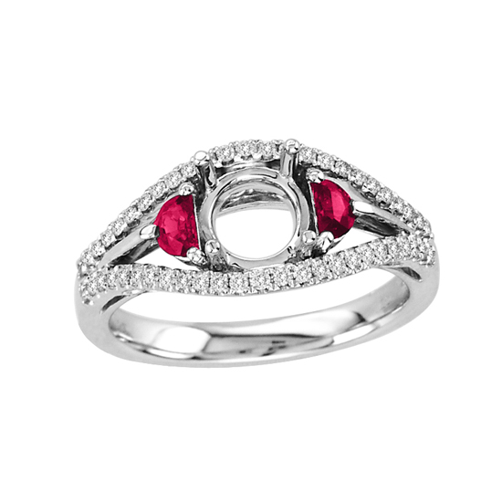 0.54cttw Diamond and Ruby Semi Mount Ring in 14k White Gold (Holds a 1.00ct Round Center