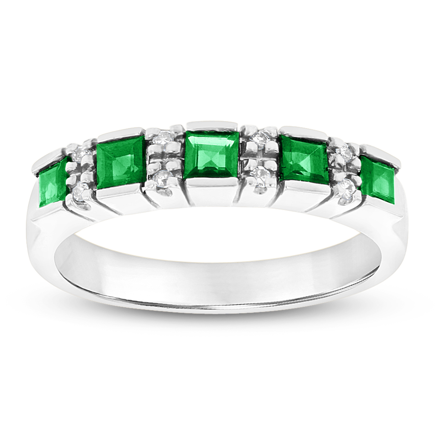 0.05ctw of Diamonds and Emeralds Wedding Band in 14k White Gold