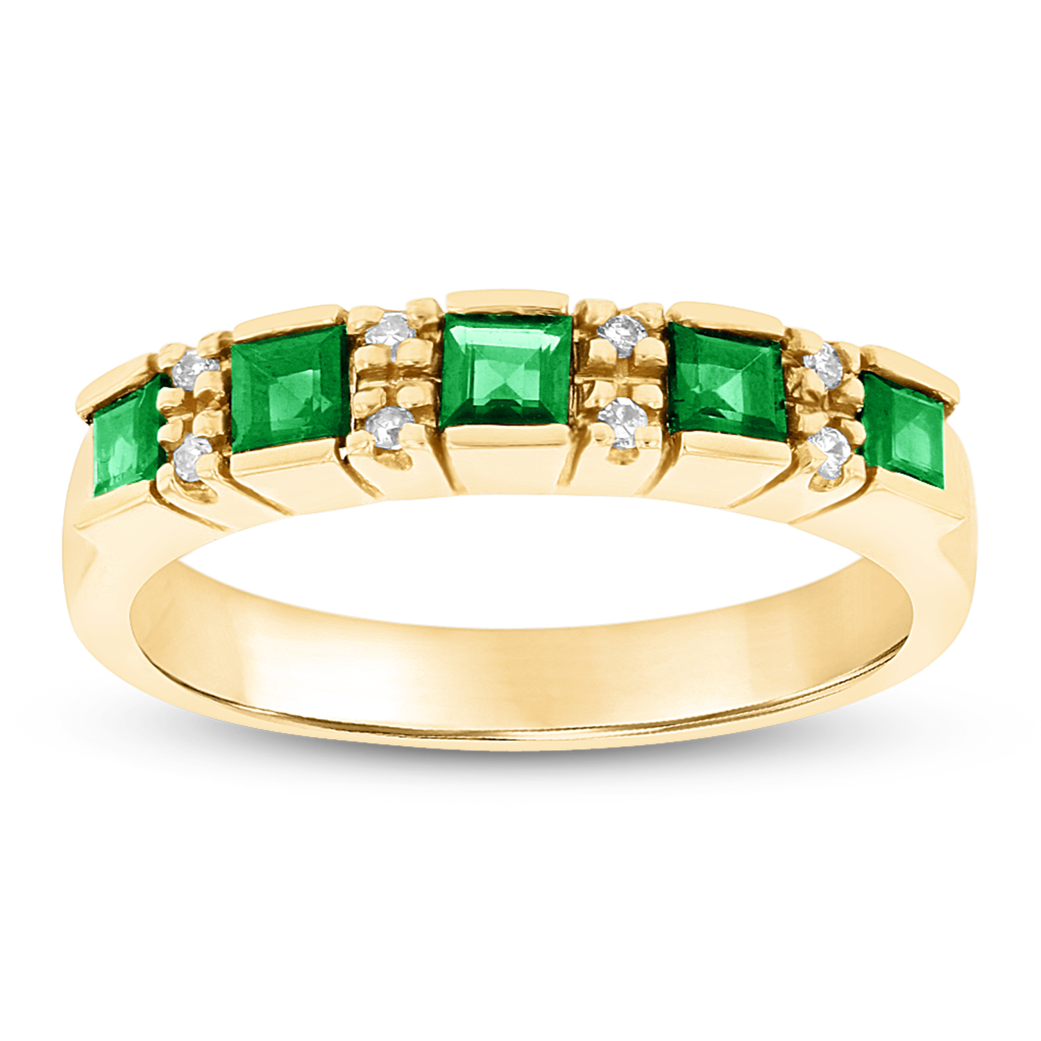 0.05ctw of Diamonds and Emeralds Wedding Band in 14k Yellow Gold