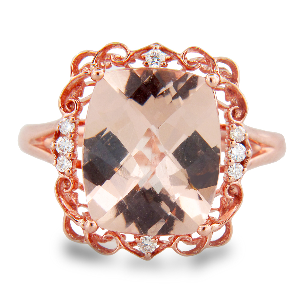 4.12cttw 12X10mm Cushion Cut Morganite and Diamond Ring in 14k Rose Gold