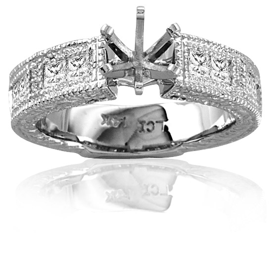 14k Gold Engagement Semi-Mount Ring with 0.70 ct tw of Princess Cut & Round Diamonds