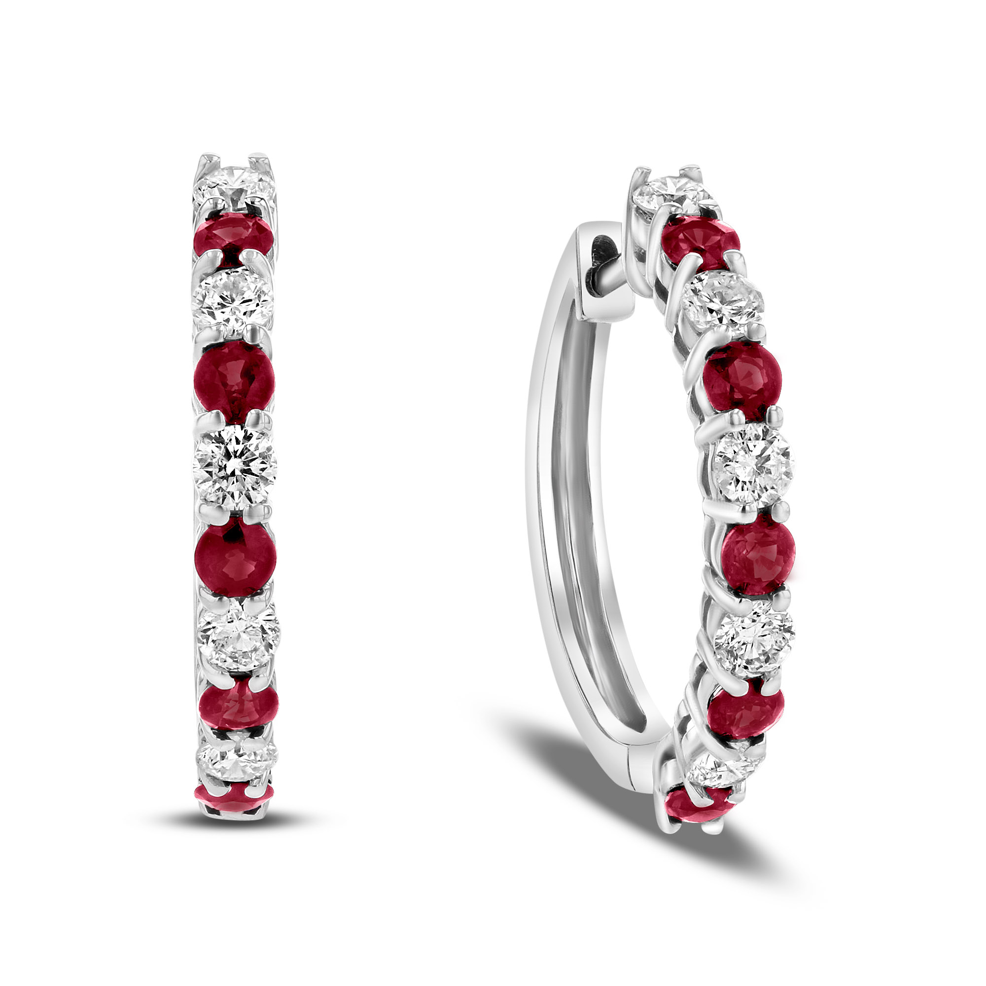 View 1.35ctw Diamond and Ruby Hoop Earrings in 14k White Gold