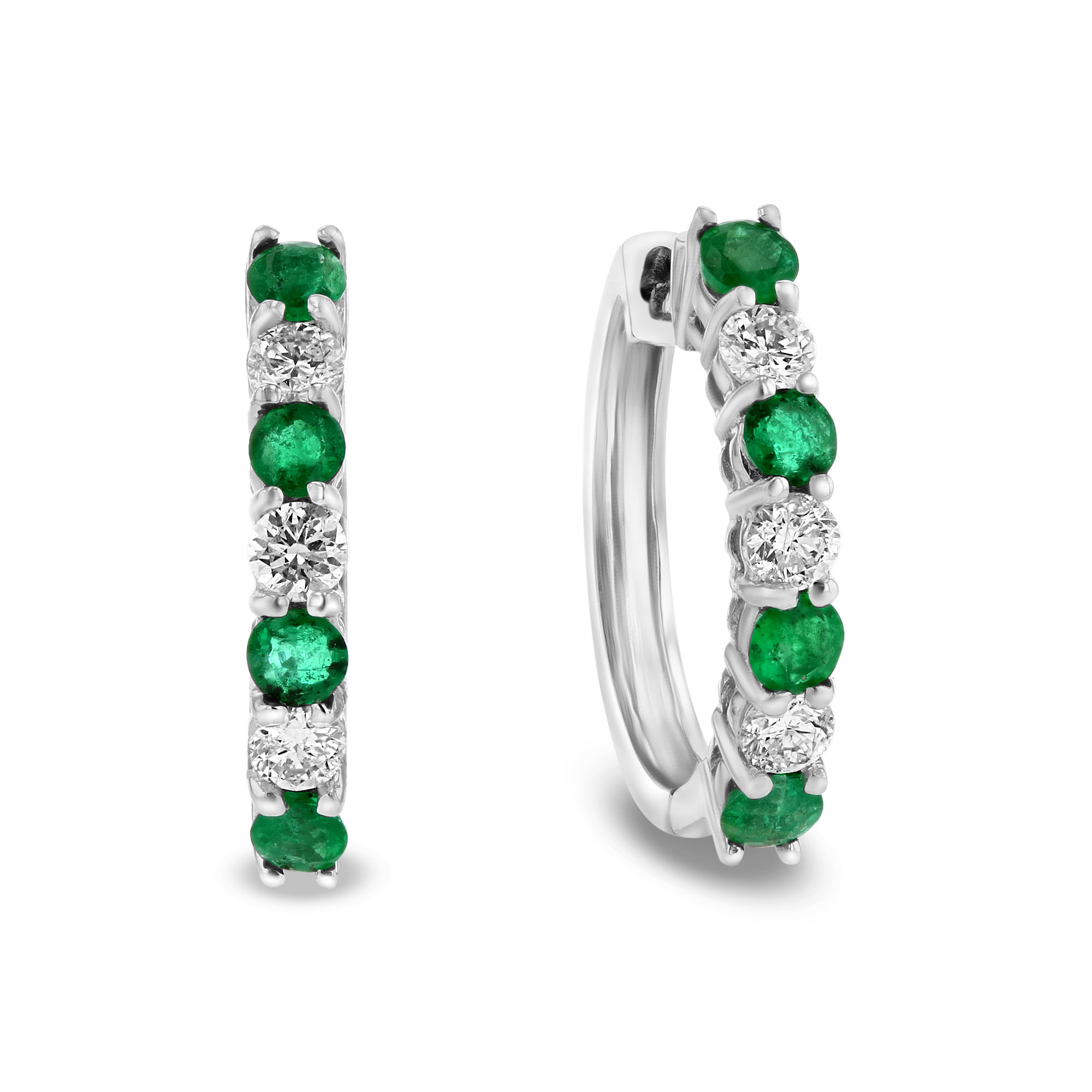 View 1.15ctw Diamond and Emerald Hoop Earrings in 14k White Gold