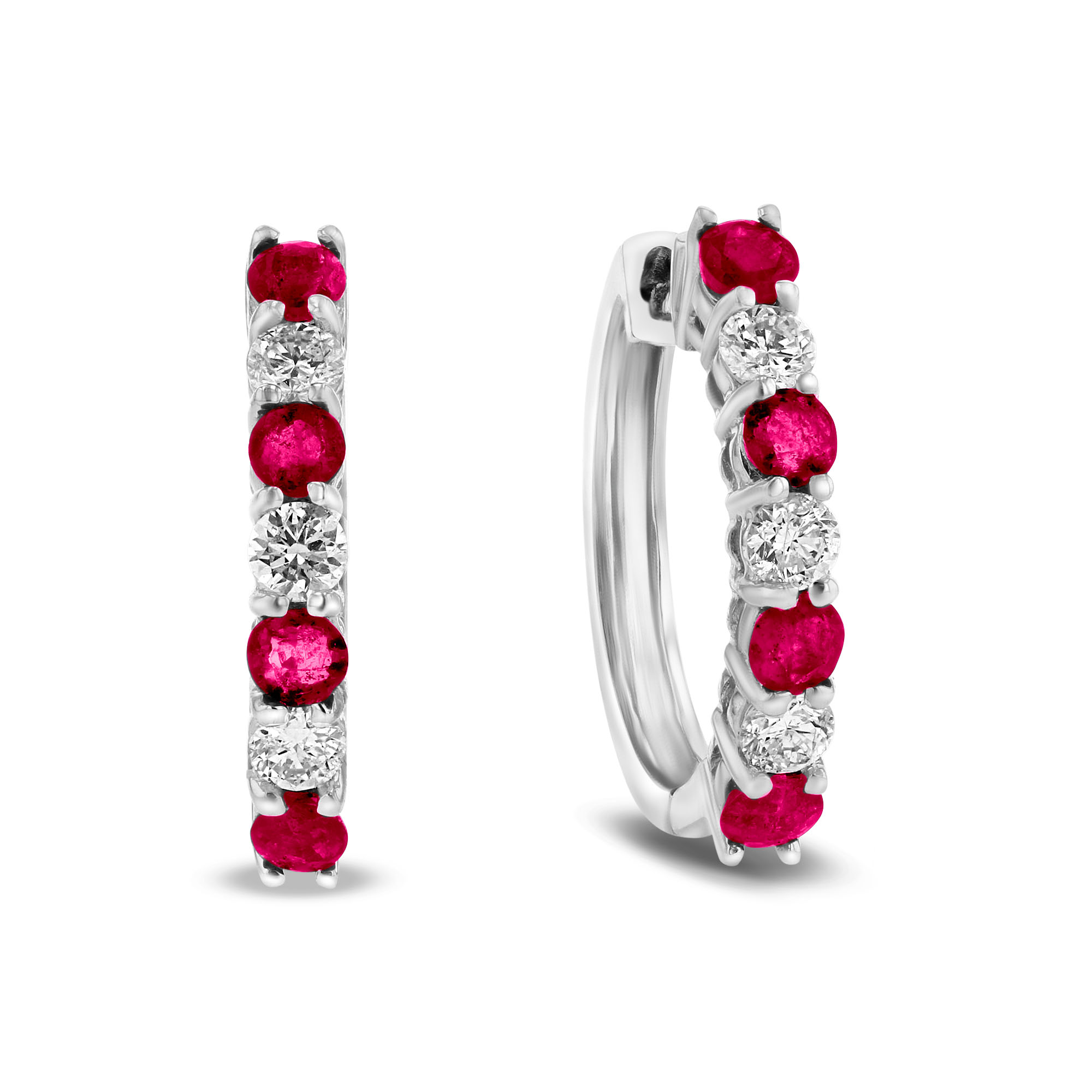 View 1.15ctw Diamond and Ruby Hoop Earrings in 14k White Gold