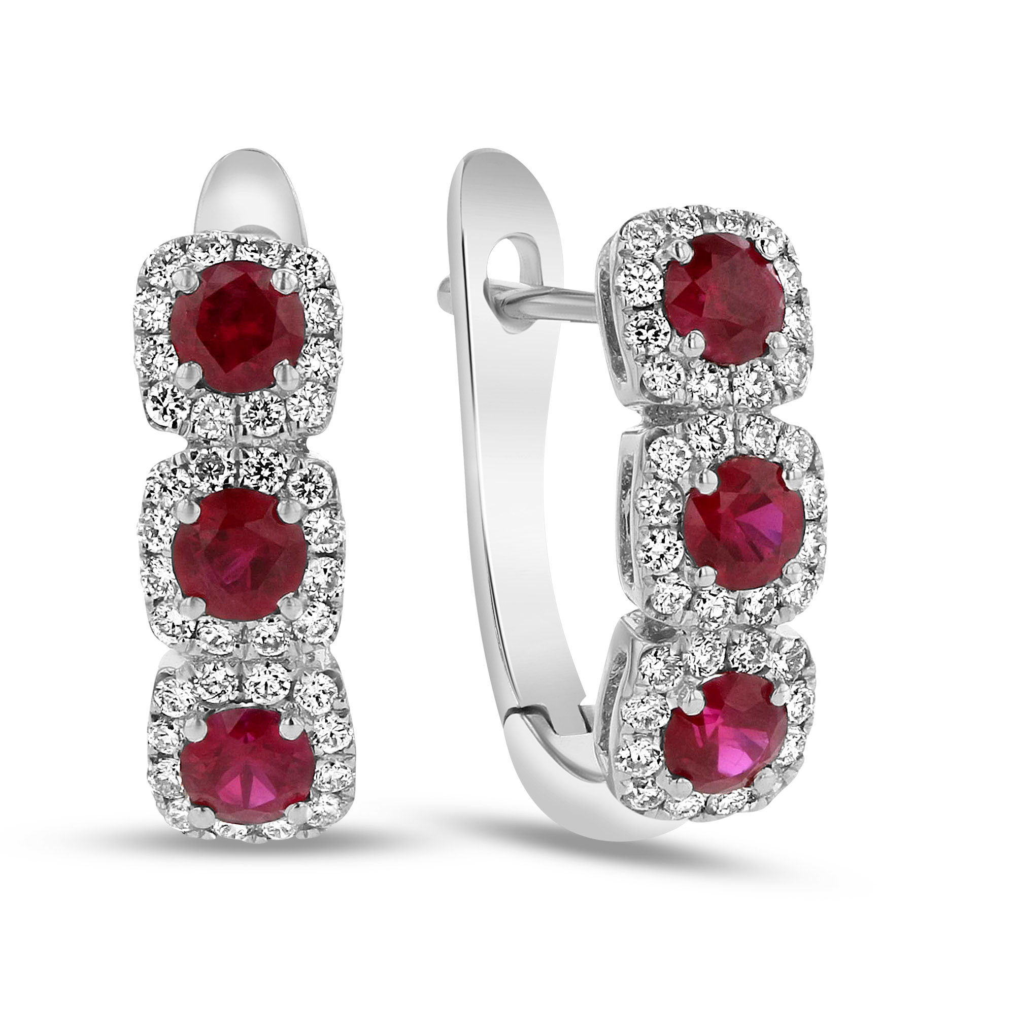 View 0.82ctw Diamond and Ruby Hoop Earrings in 18k White Gold