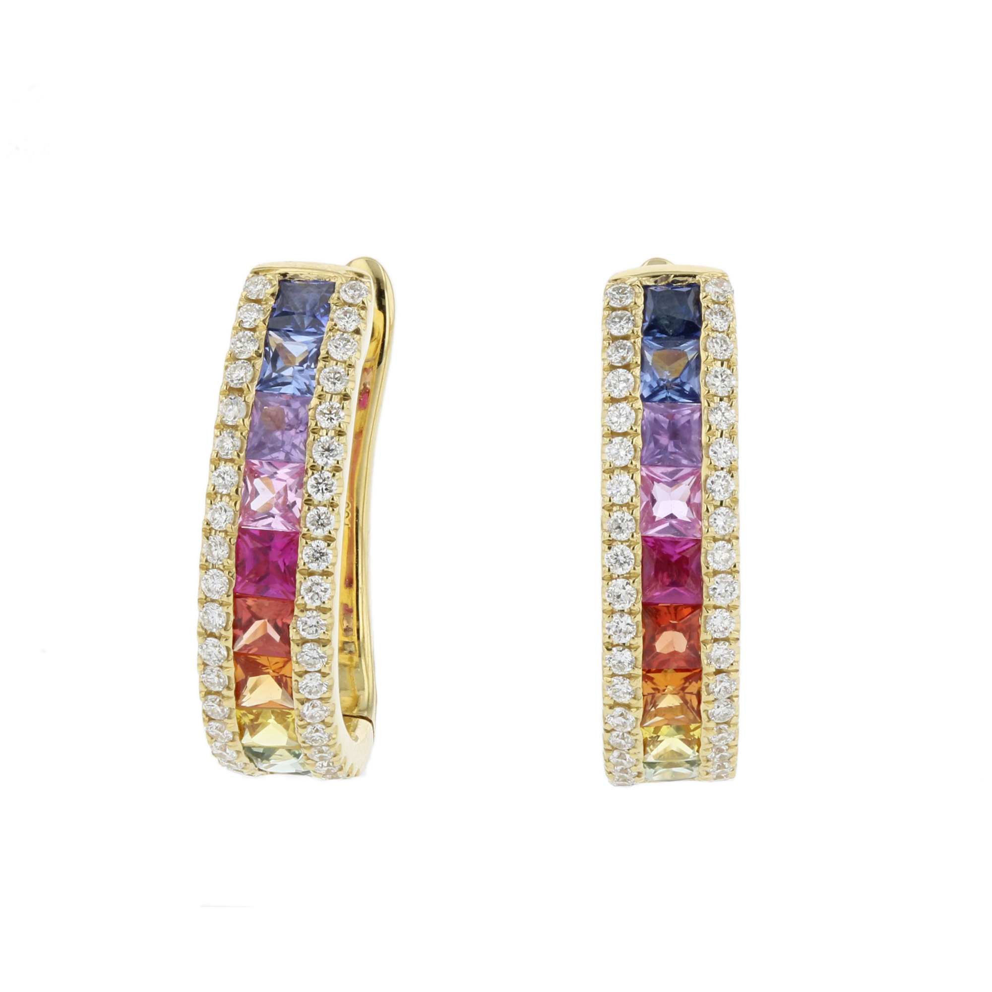 View 1.80ctw Diamond and Multi Sapphire Hoop Earrings in 18k Yellow Gold