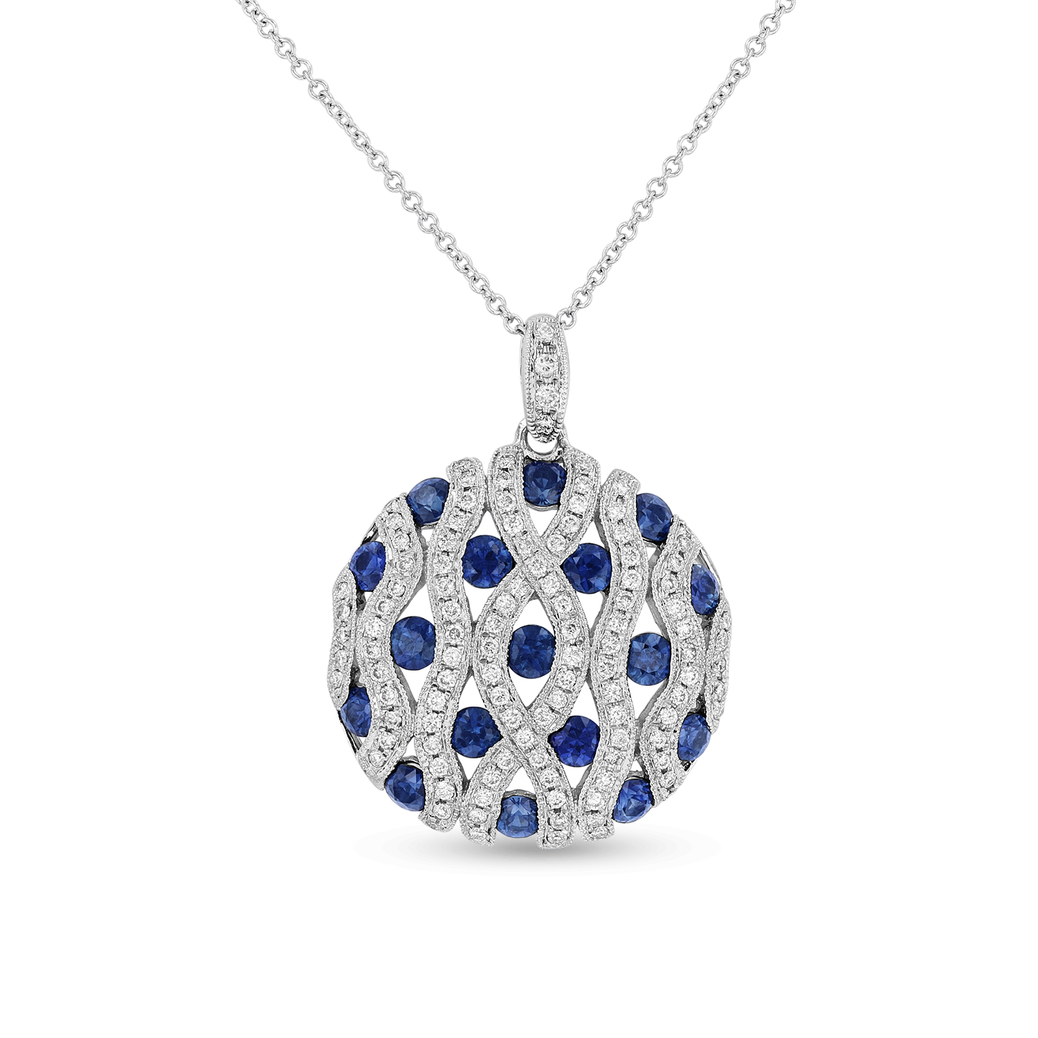 View 2.93ct tw Circle Sapphire and Diamond Pendant set in 14k White Gold