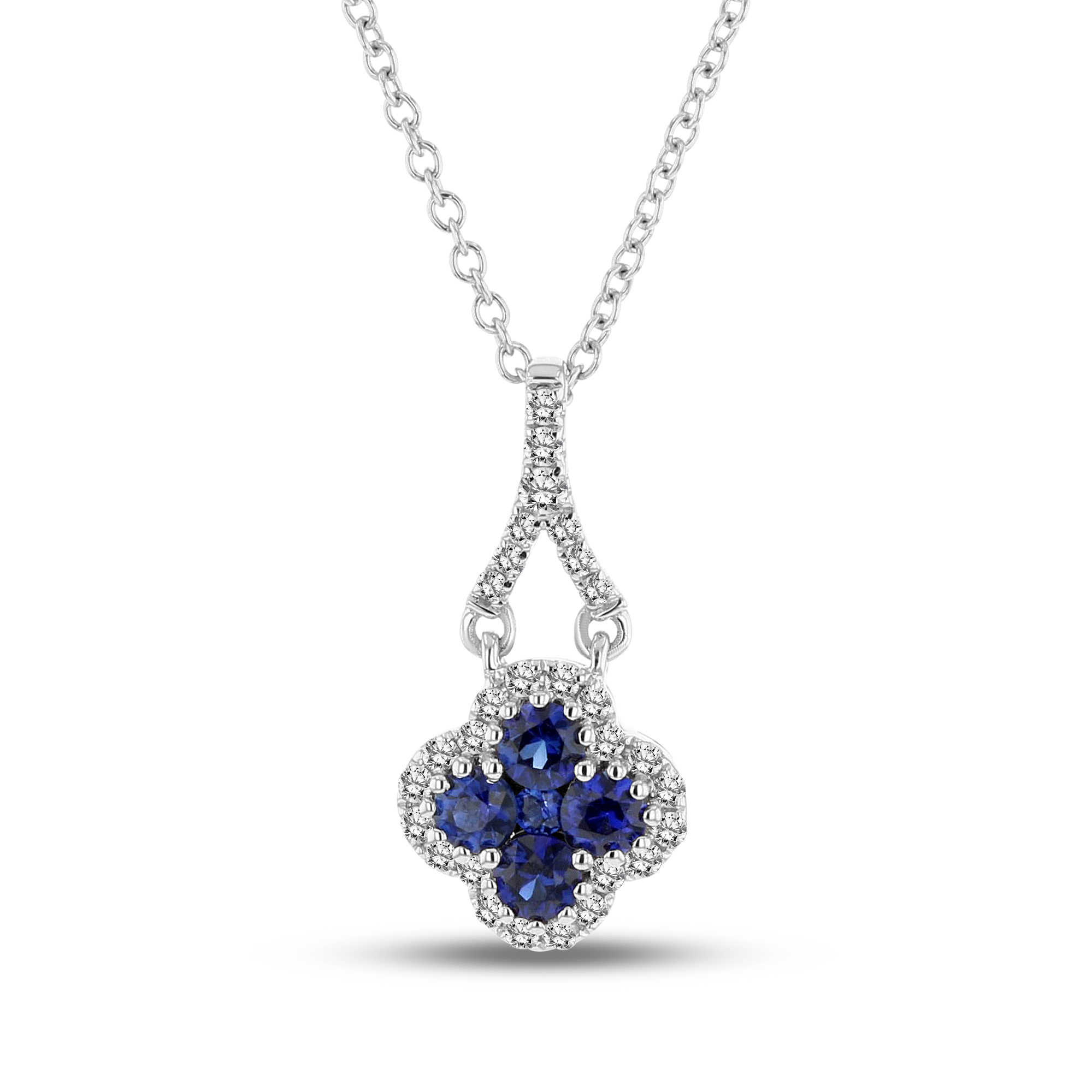 View 0.11ctw Diamond and Sapphire Clover Pendant in 18k White Gold