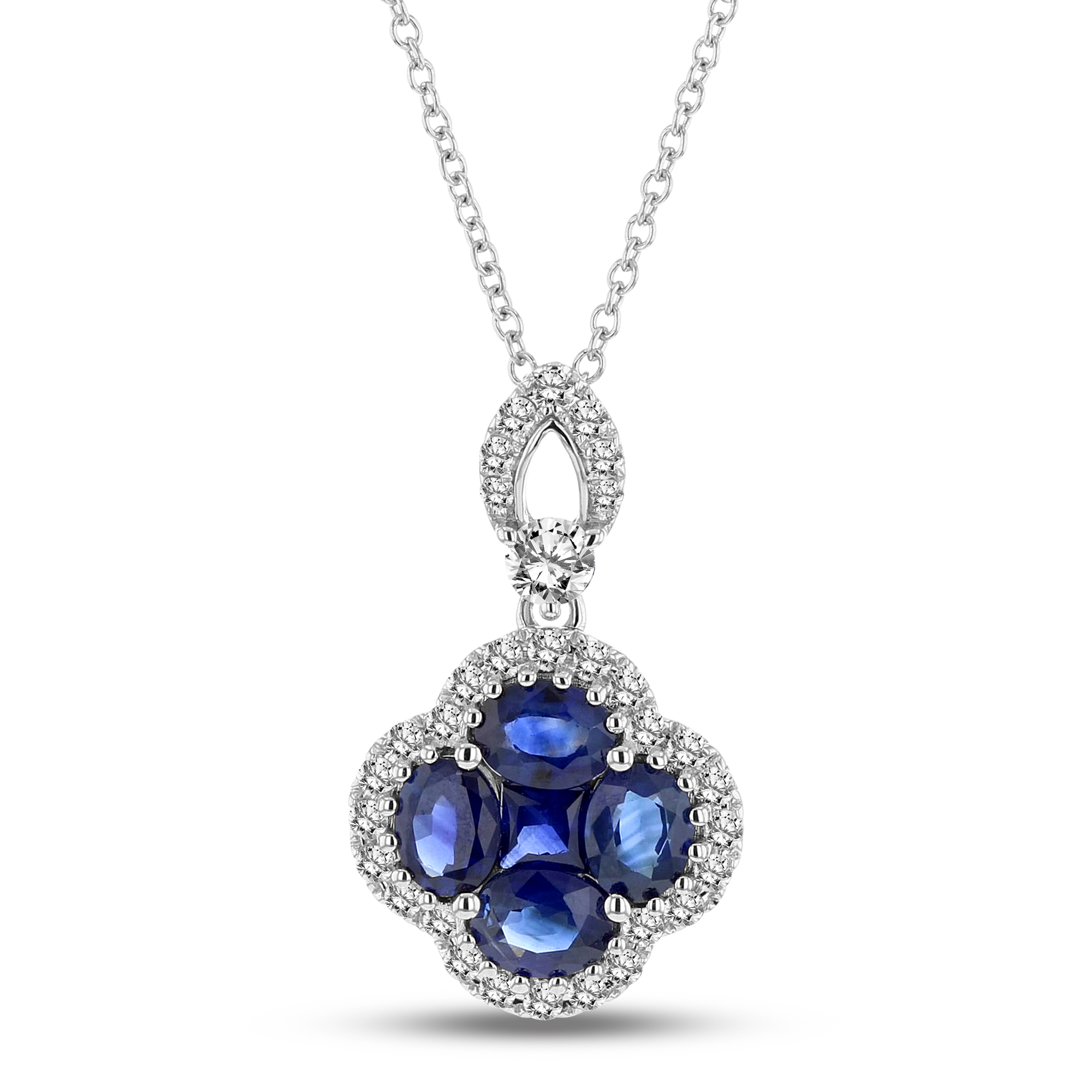 View 0.33ctw Diamond and Sapphire Clover Pendant in 18k White Gold