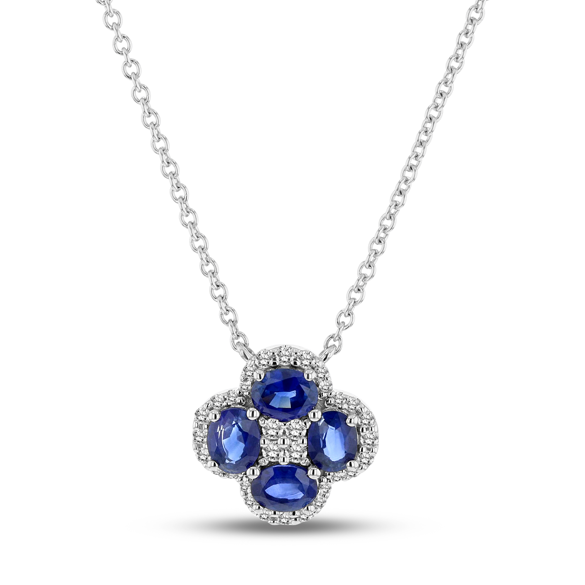 View 0.13ctw Diamond and Sapphire Clober Pendant in 18k White Gold
