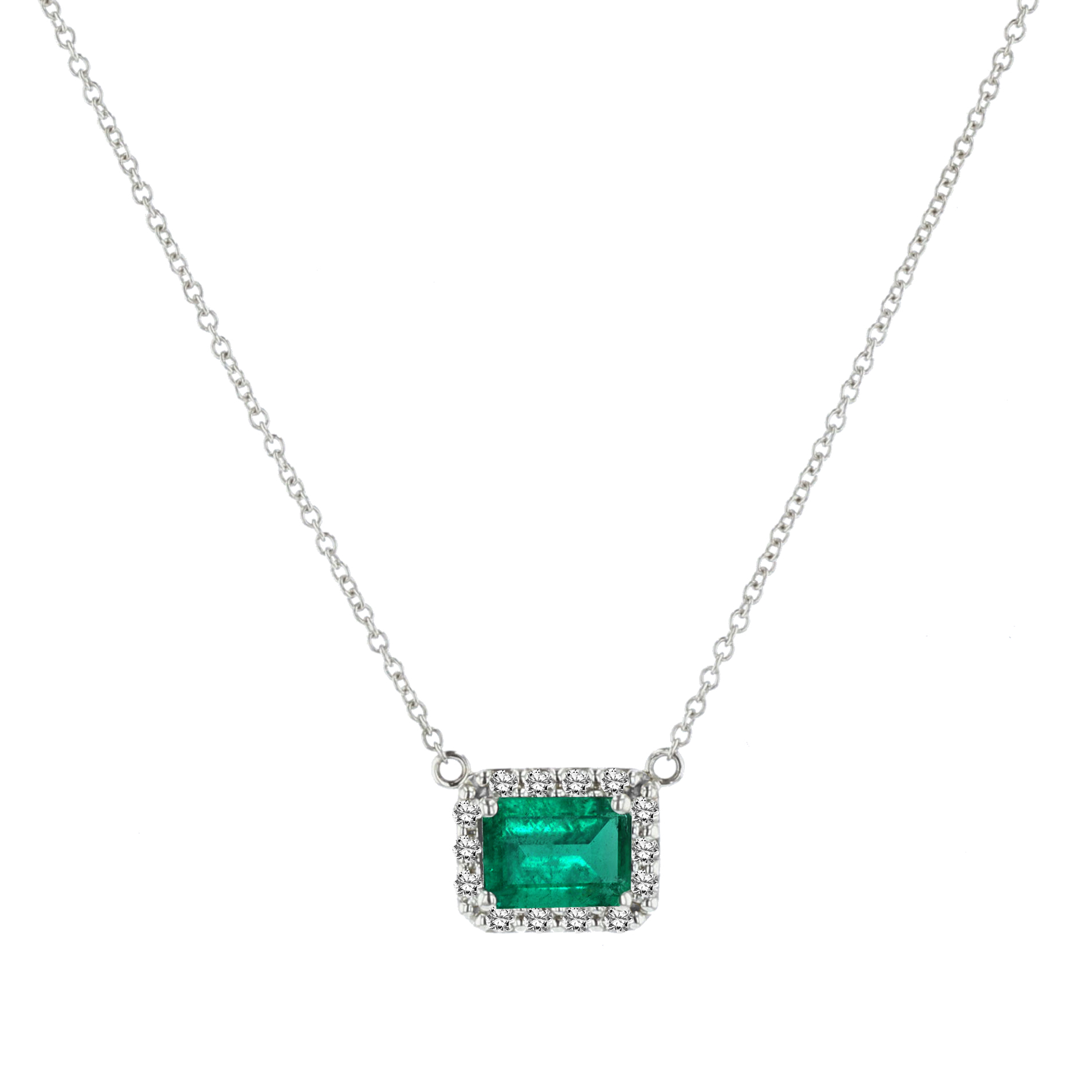 View 0.25ctw Diamond and Emerald Cut Emerald Pendant in 14k White Gold