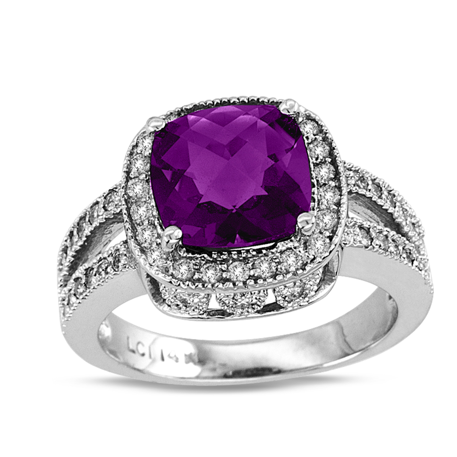 View 14k Gold Split Shank Ring with 0.50ct tw of Round Diamonds and 9mm Checkerboard Cushion Cut Amethyst Center Stone