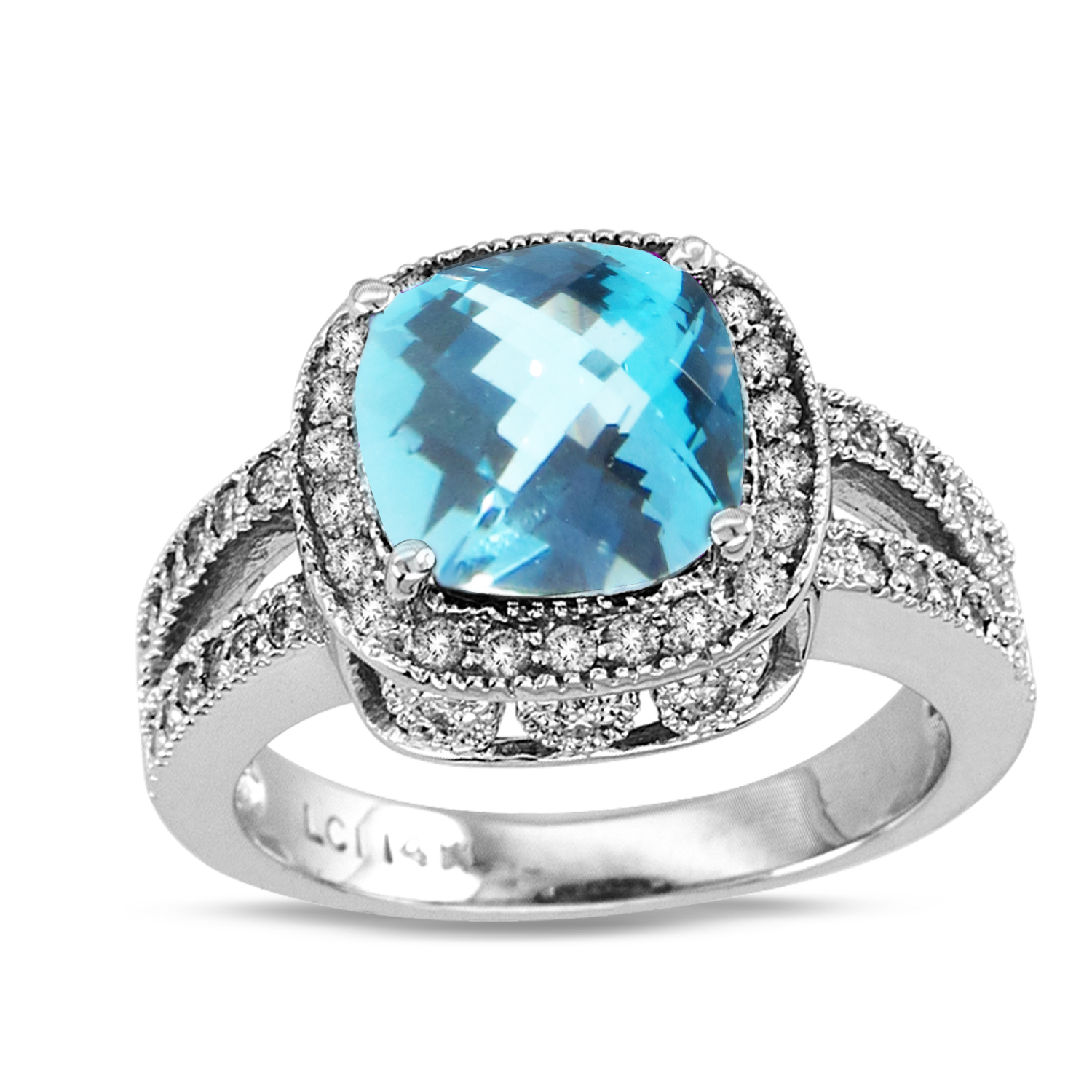 View 14k Gold Split Shank Ring with 0.50ct tw of Round Diamonds and 9mm Cushion Cut Checkerboard Cut Blue Topaz Center Stone