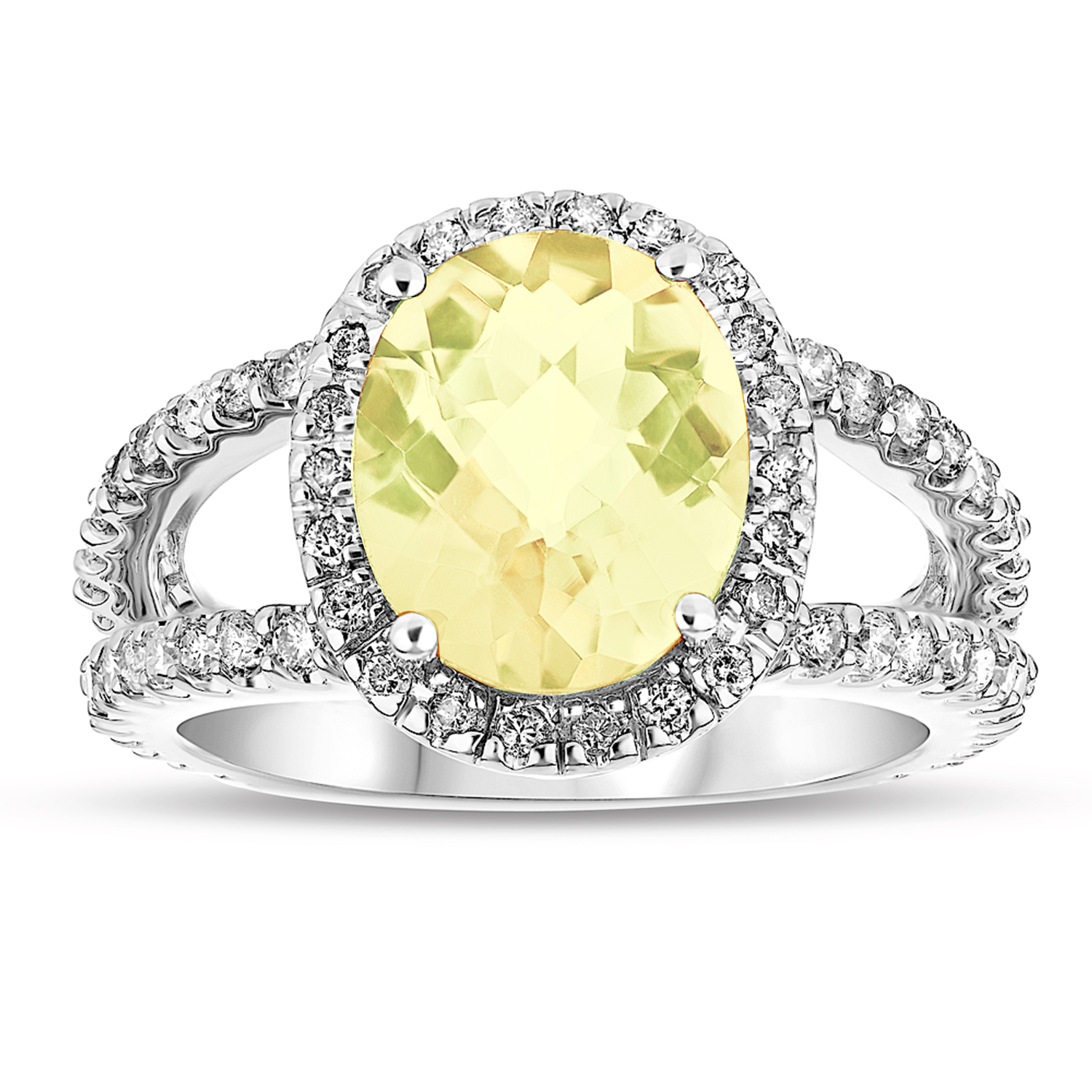 14k Gold Split Shank Ring with 0.85ct tw of Round Damonds and 11x9mm Lime Citrine Oval Shape Center Stone