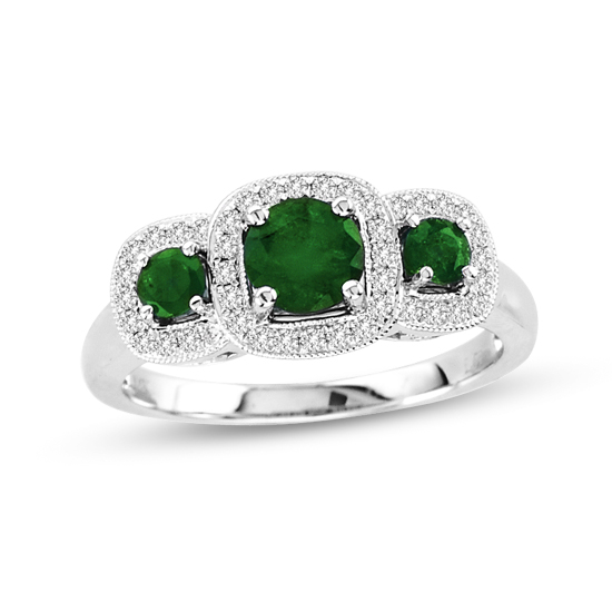 0.95cttw Diamond and Emerald Three Stone Design Fashion Ring in 14k White Gold