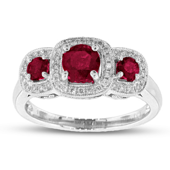 1.06cttw Natural Heated Ruby and Diamond Three Stone Design Fashion Ring in 14k White Gold