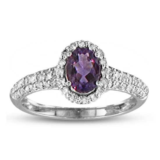View 7x5mm Oval Amethyst and Diamond Fashion Ring in 14k Gold 