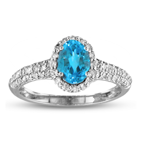 7x5mm Oval Blue Topaz and Diamond Fashion Ring in 14k Gold