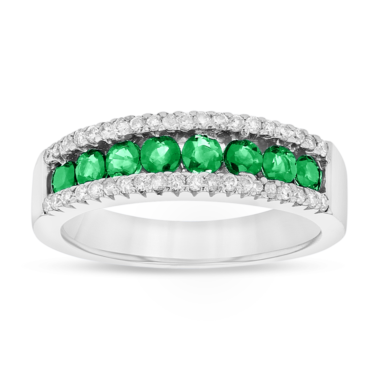 Emerald and Diamond Wedding Band in 14k White Gold