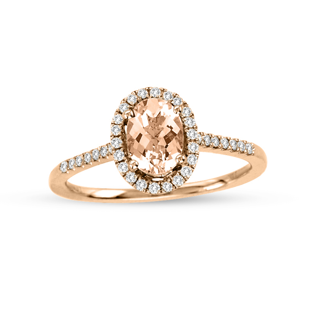 0.99cttw Diamond and 7X5 mm Oval Morganite Fashion Ring in 14k Rose Gold
