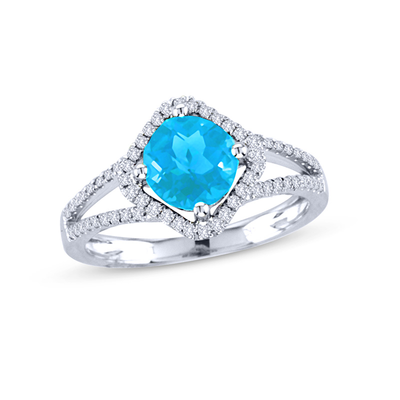 1.40ctw Diamond and Blue Topaz Split Shank Fashion Ring in 14k WG
