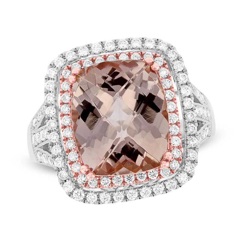 View 5.50ctw 12X10mm Cushion Cut Morganite and Diamond Ring in 14k White and Ross Gold