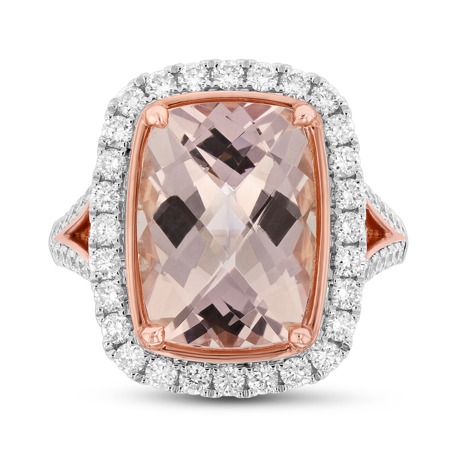 View Diamond and 14X10mm Cushion Cut Morganite Ring in 14k Two Tone Gold