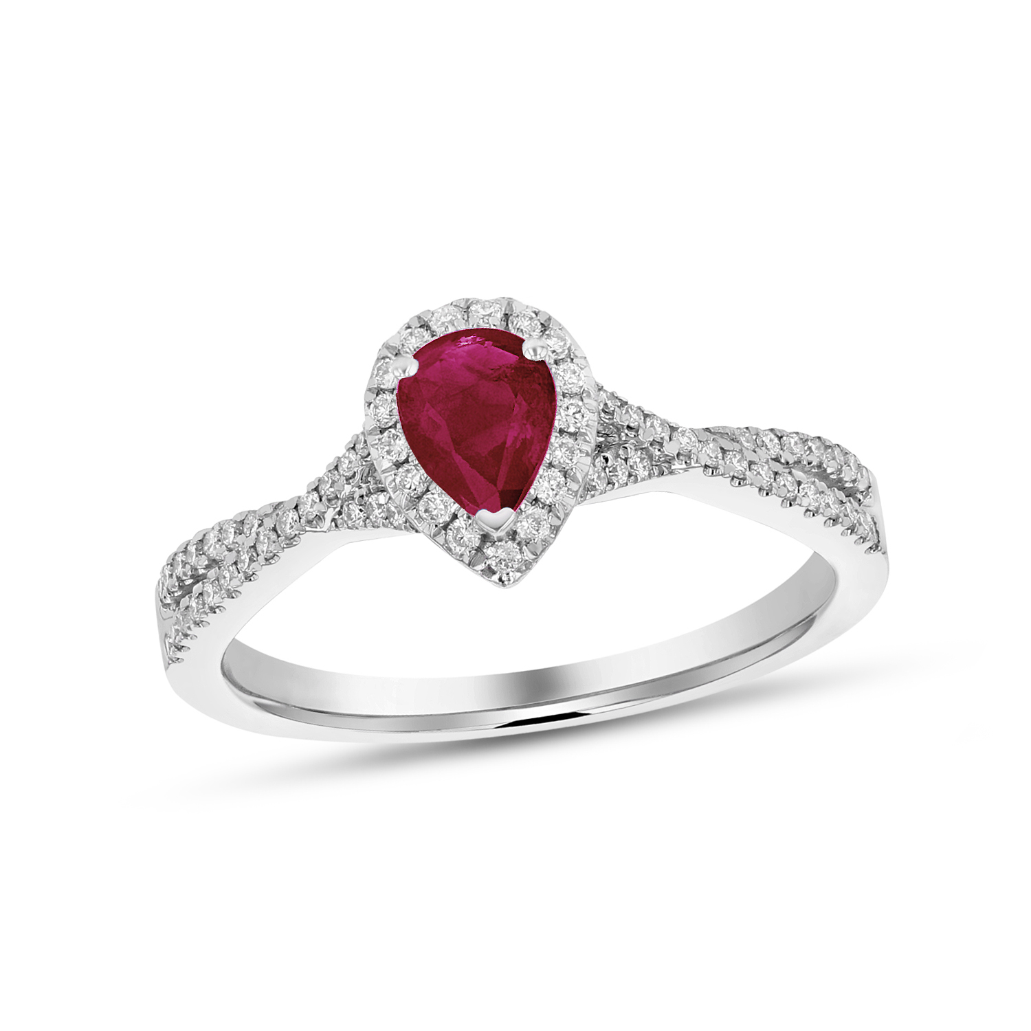 View 0.72ctw Diamnd and Pear Shaped Ruby Ring in 18k White Gold
