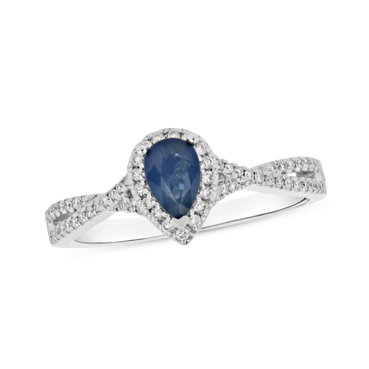 View 0.77ctw Diamnd and Pear Shaped Sapphire Ring in 18k White Gold