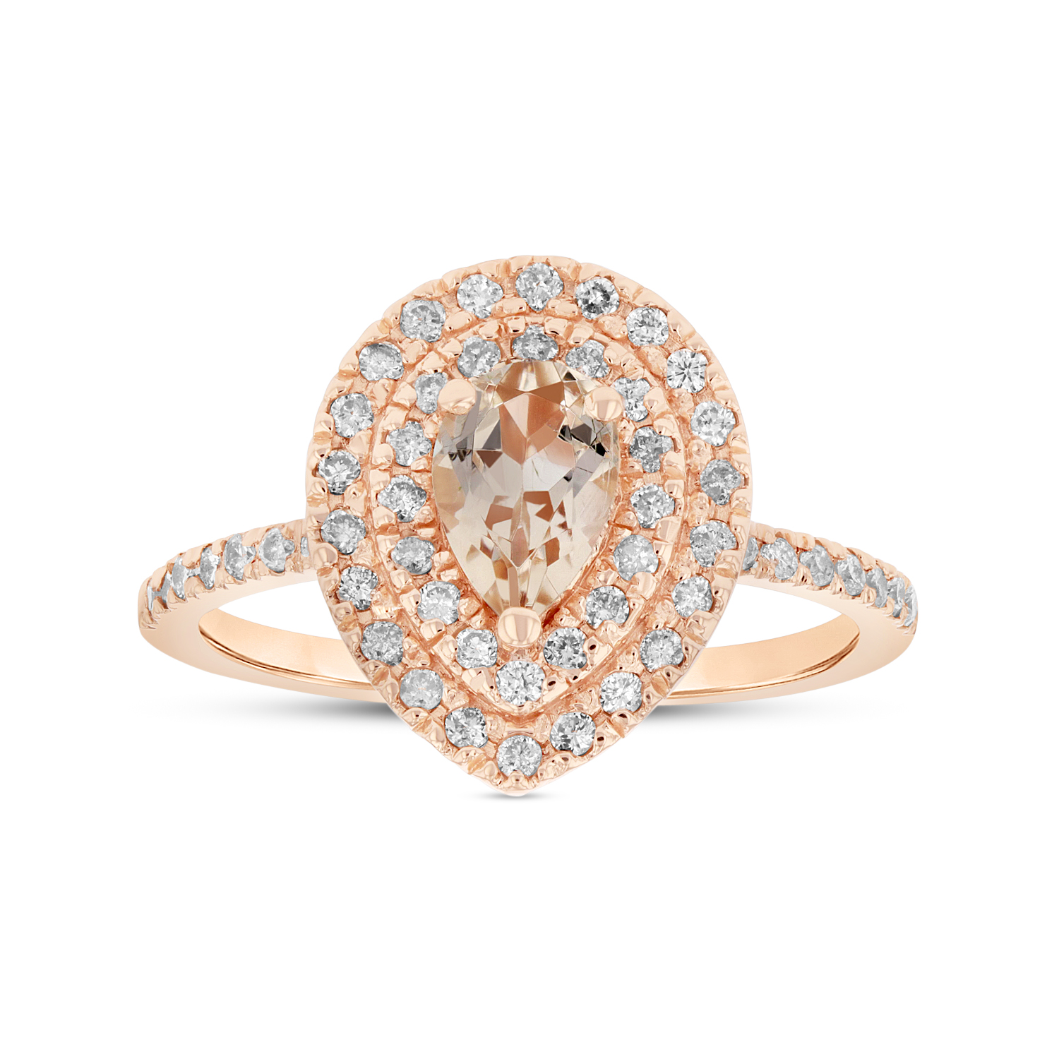 View 7X5 mm Pear Shape Morganite and Diamond Ring in 14k Rose Gold Double Row Halo