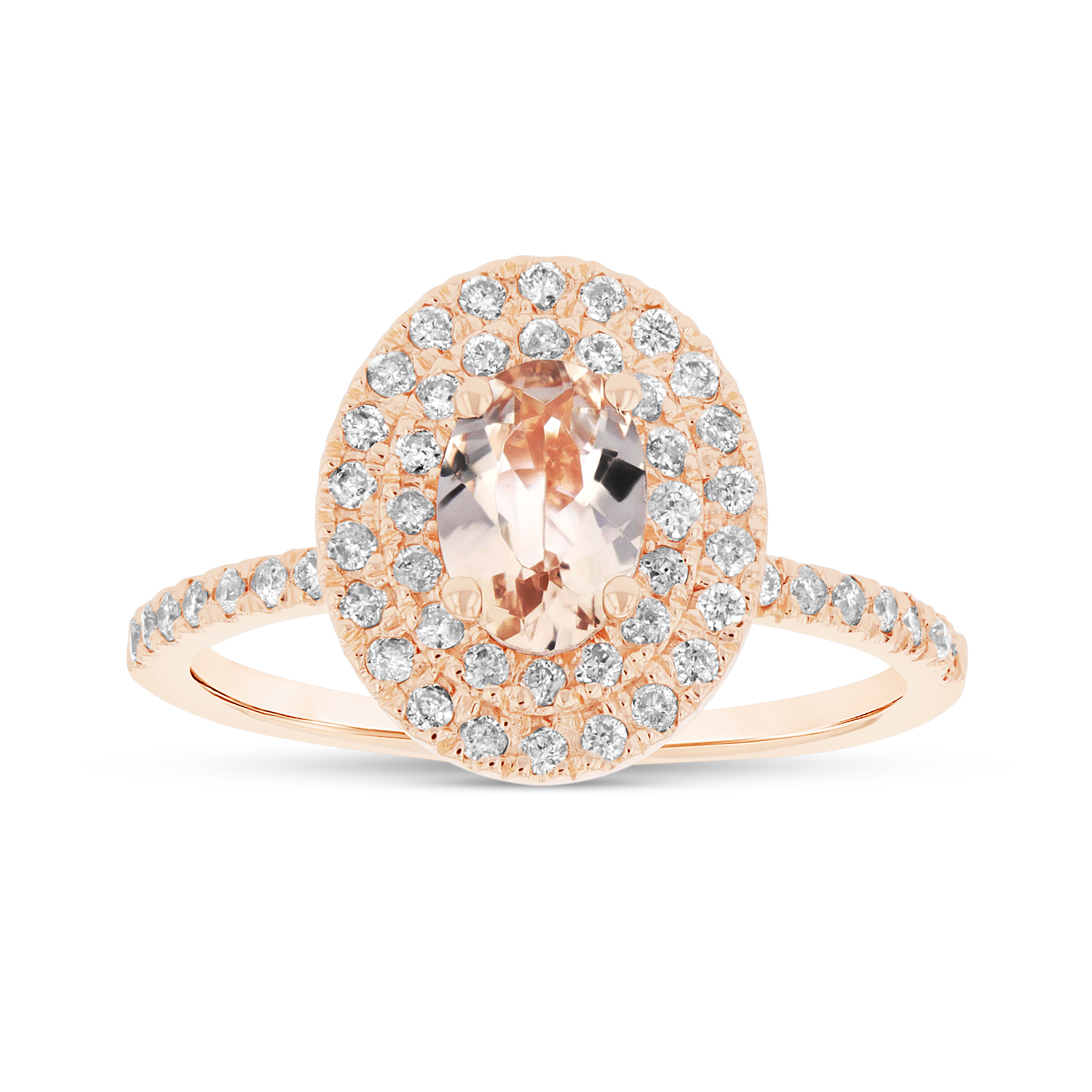 View 7X5 mm Oval Morganite and Diamond Ring in 14k Rose Gold Double Row Halo